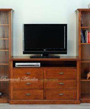 Mobile da soggiorno con cassettiera centrale porta Tv e librerie a giorno ai lati in legno massiccio